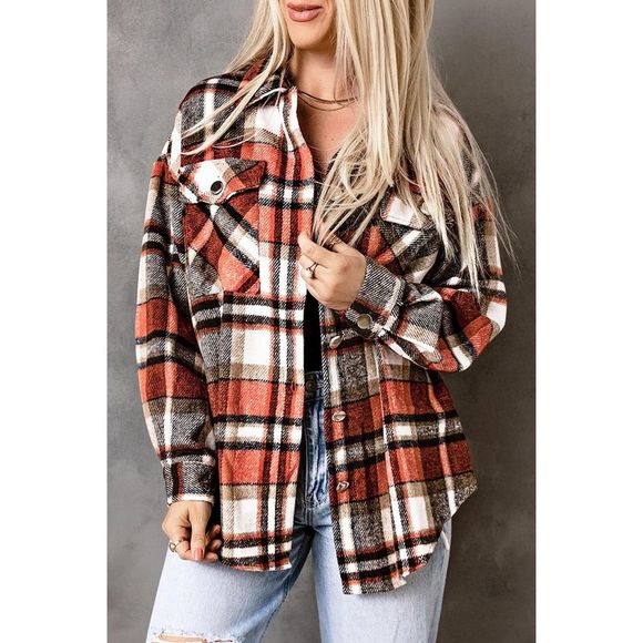 Azura Exchange  Orange Chest Pockets Flannel Plaid Shacket - Picture 3 of 15